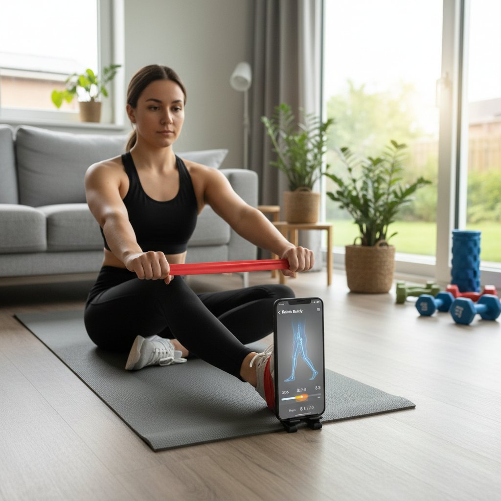 Osoba ćwicząca w domu z opaską fitness i aplikacją do rehabilitacji na smartfonie