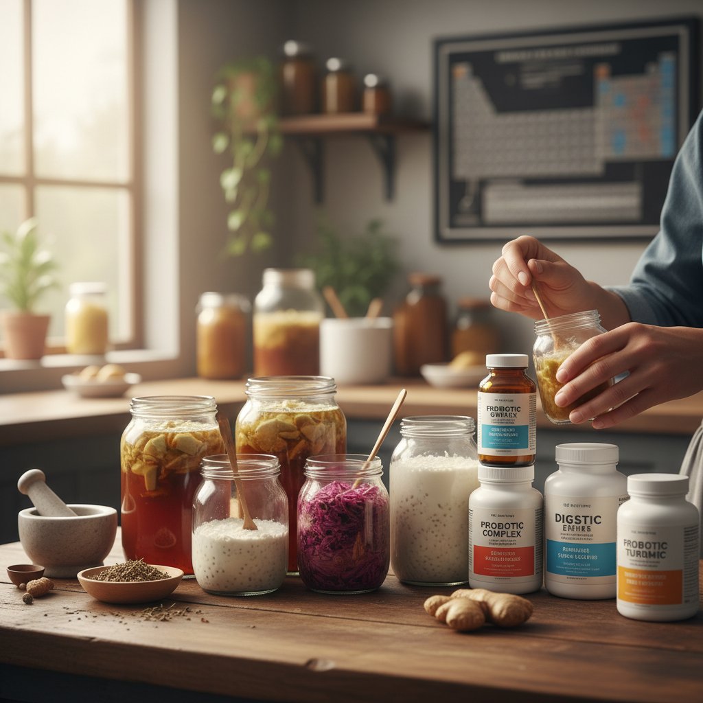 Porównanie: domowa kuchnia z kiszonkami i apteka z kolorowymi opakowaniami synbiotyków