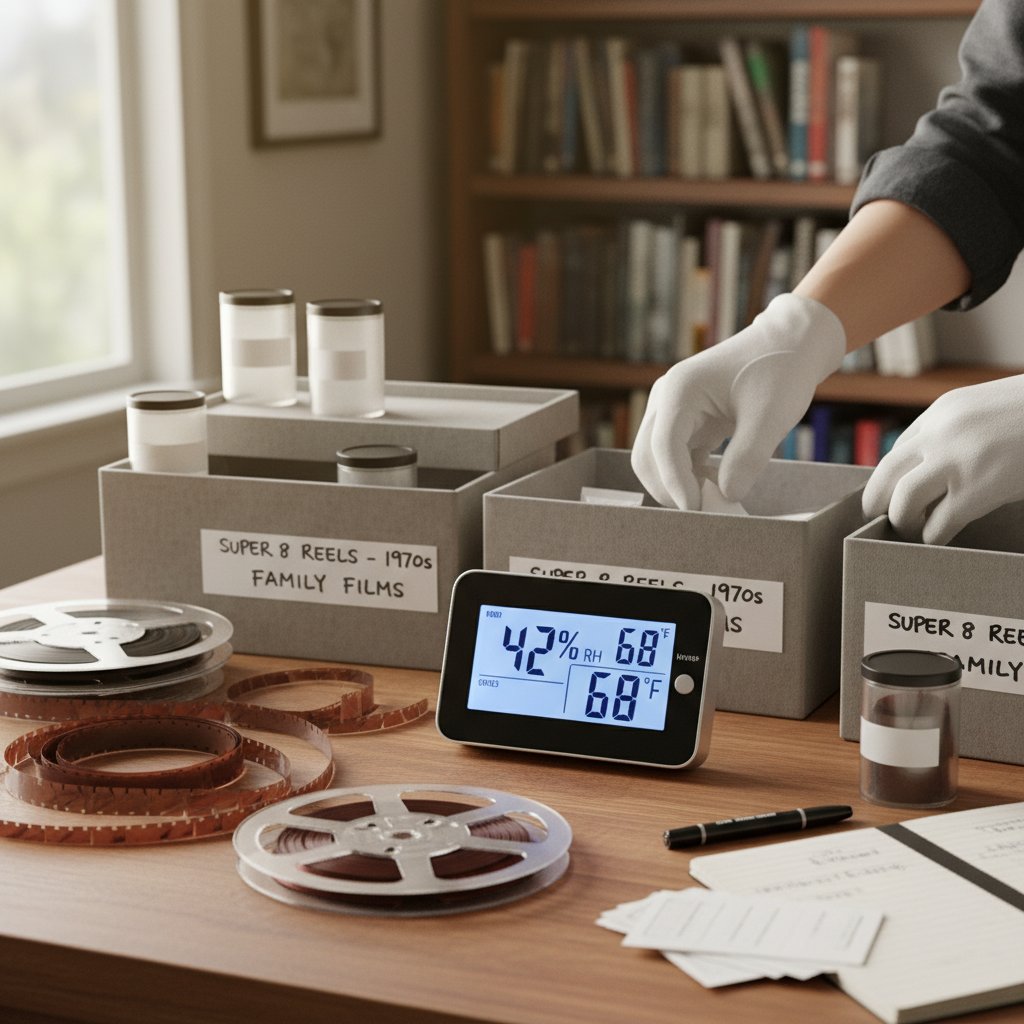 Home film collection next to a humidity meter, illustrating DIY film preservation setup