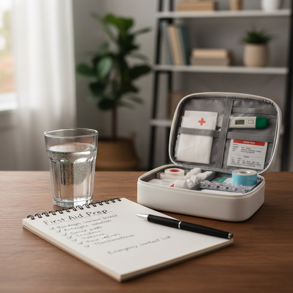 Domowa apteczka, szklanka wody i notatnik z checklistą – przygotowanie do nagłych wymiotów