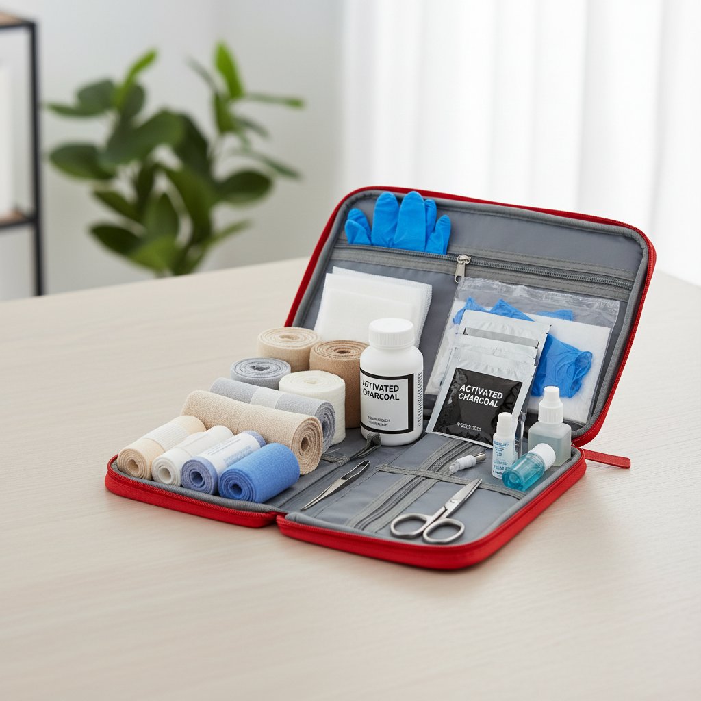 Zdjęcie: Kompletnie wyposażona domowa apteczka z opatrunkami, rękawiczkami i węglem aktywowanym