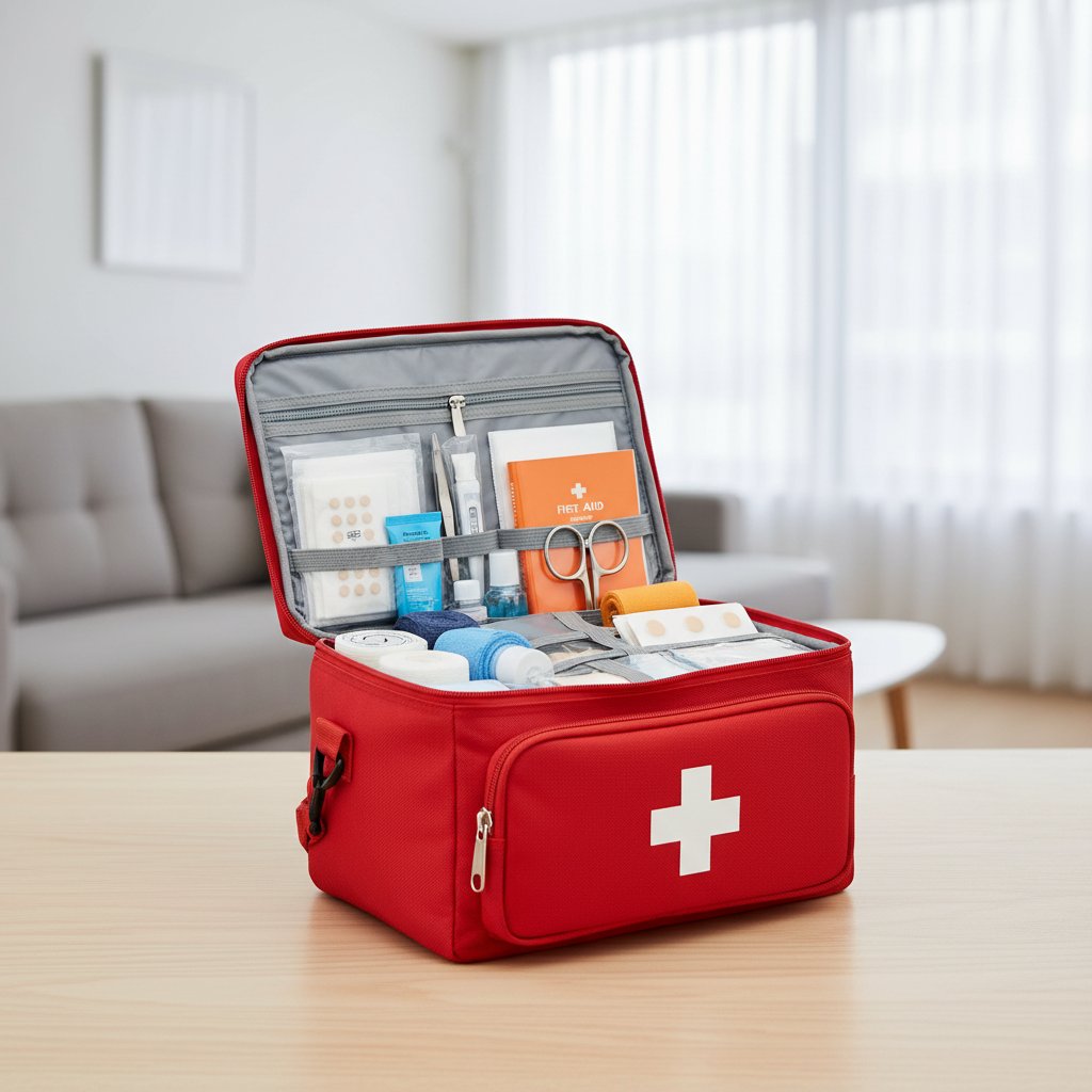 Domowe miejsce z apteczką, dokumentami i naładowanym telefonem gotowymi do użycia