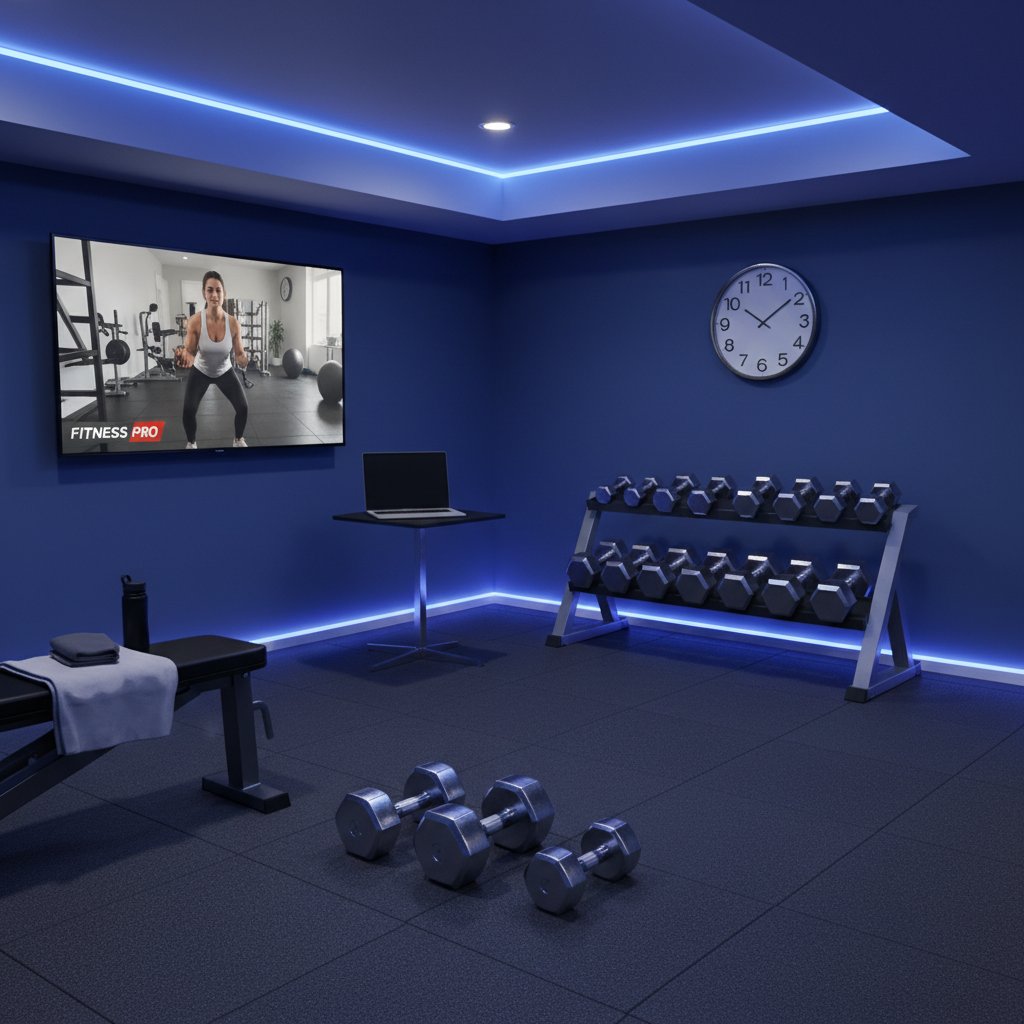 Pokój treningowy w mieszkaniu – maty, hantle, komputer z treningiem video, lampki LED