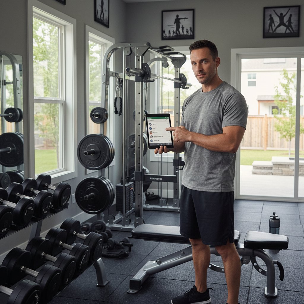 Domowa siłownia, osoba wybierająca ćwiczenia