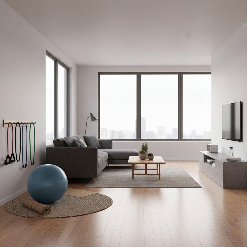 Nowoczesny salon z matą, gumami i piłką fitness — domowa przestrzeń do rehabilitacji