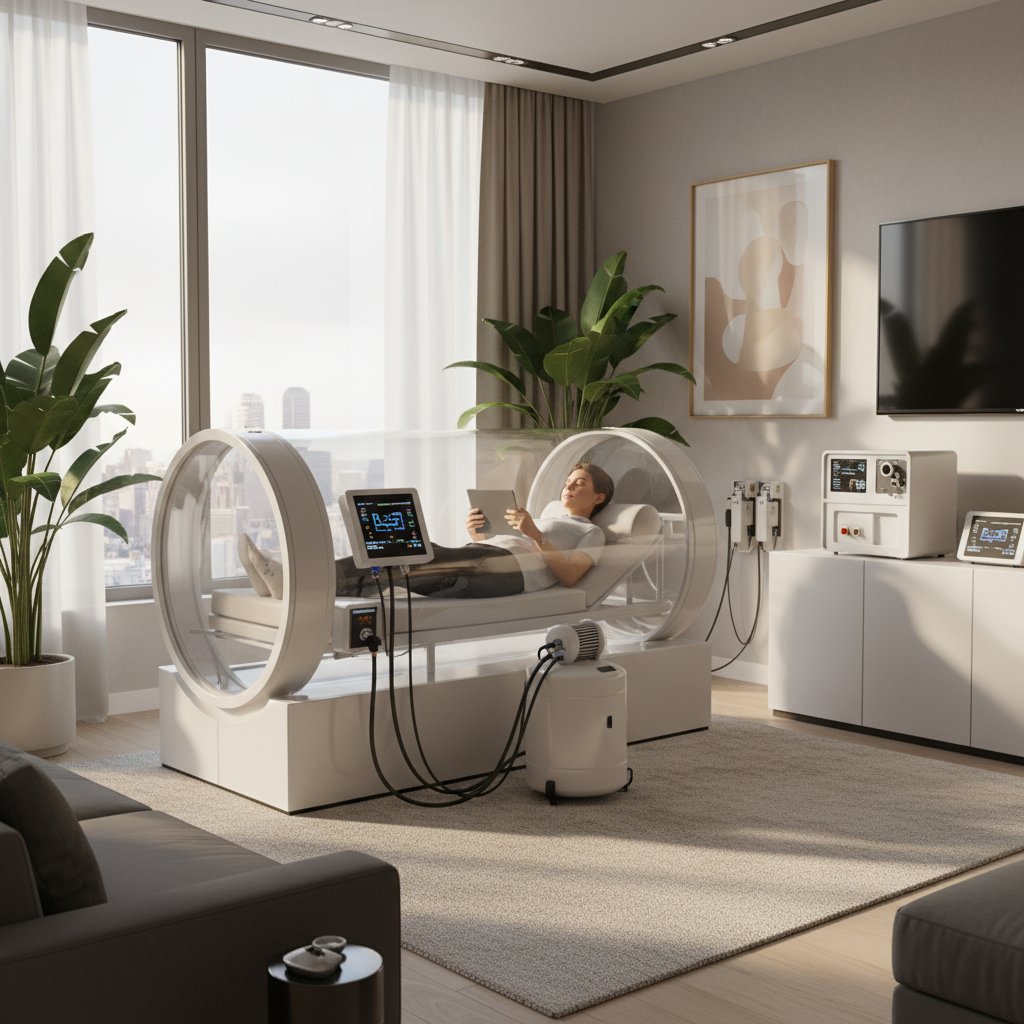 Domowa komora hiperbaryczna w mieszkaniu, widok na sprzęt i otoczenie, styl edgy