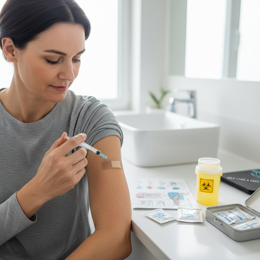 Domowe otoczenie z zestawem do iniekcji, samodzielny zastrzyk z zachowaniem bezpieczeństwa