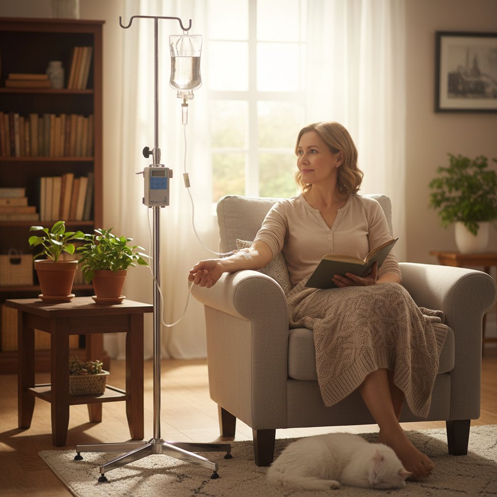 Zdjęcie osoby otrzymującej kroplówkę w domu, akcentujące domowe ryzyka i komfort