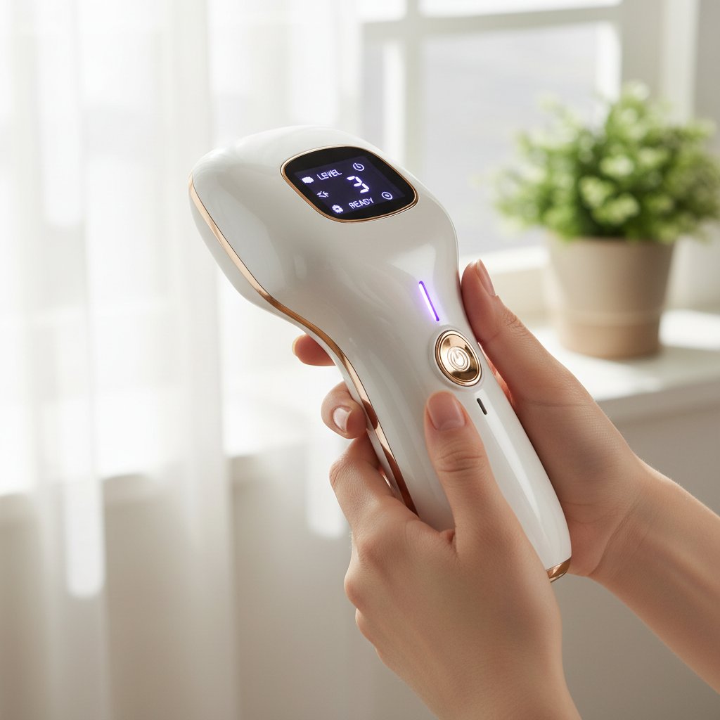 Osoba trzymająca nowoczesne domowe urządzenie IPL, widoczne naturalne światło i atmosfera komfortu