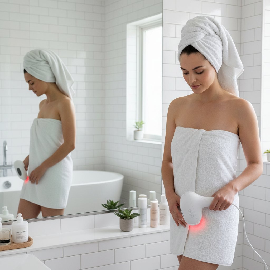 Kobieta używająca domowego urządzenia IPL w łazience, wyraźnie widoczna skóra i urządzenie