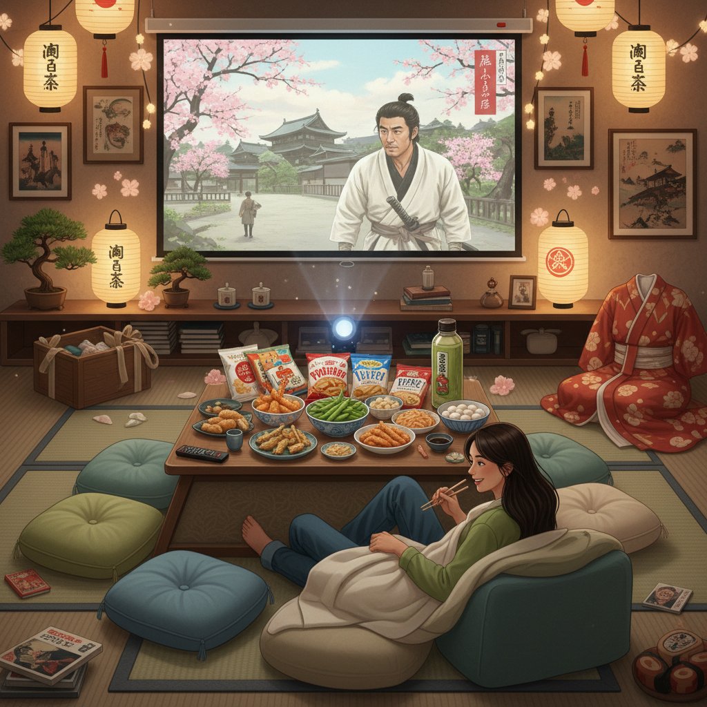 Home setup for a Japanese movie night—projector, snacks, themed decorations