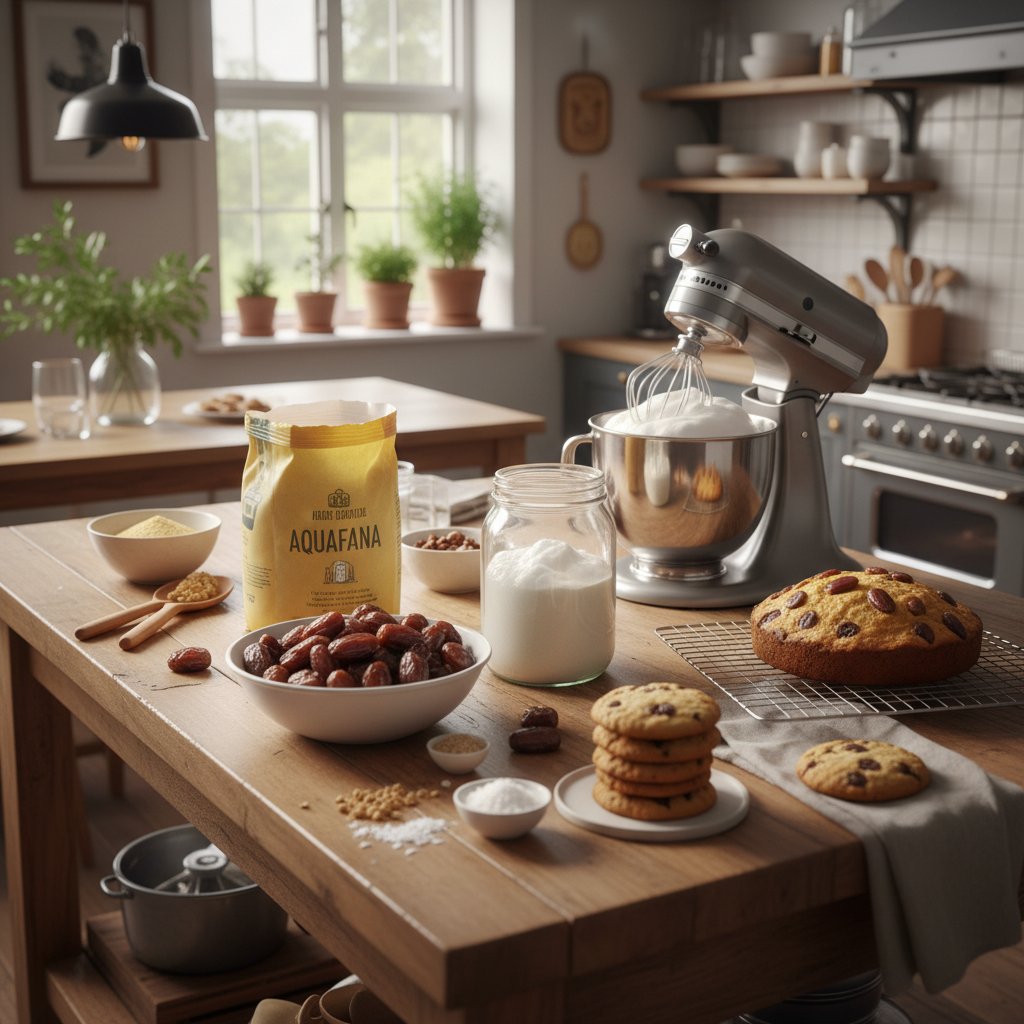 Domowa kuchnia z widocznymi alternatywnymi składnikami: mąka z ciecierzycy, daktyle, aquafaba