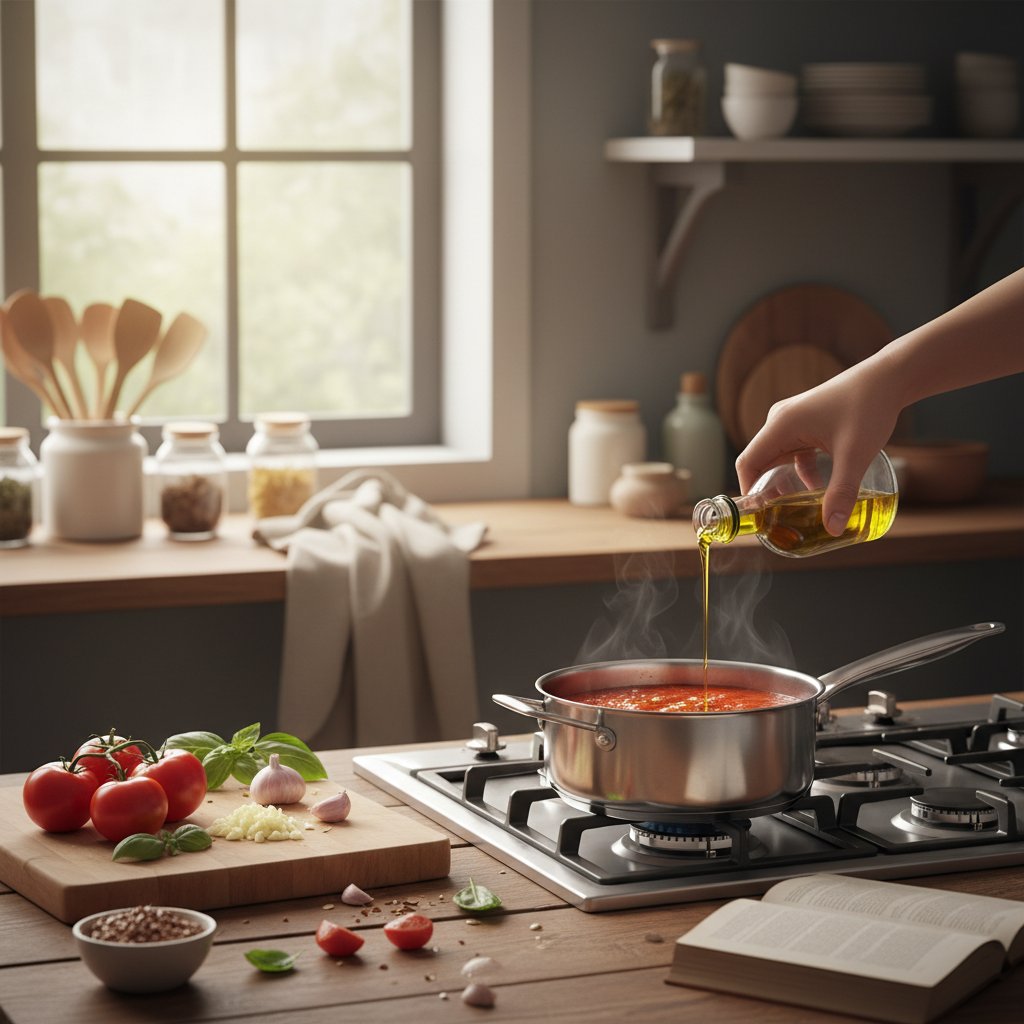 Domowa kuchnia, gdzie osoba przygotowuje sos pomidorowy z dodatkiem oliwy – praktyczne zwiększanie poziomu likopenu