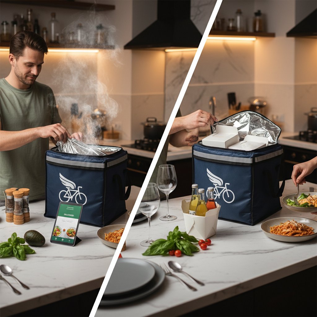 Podzielony obraz: kuchnia domowa vs. torba z dostawą jedzenia – porównanie gotowania i zamawiania