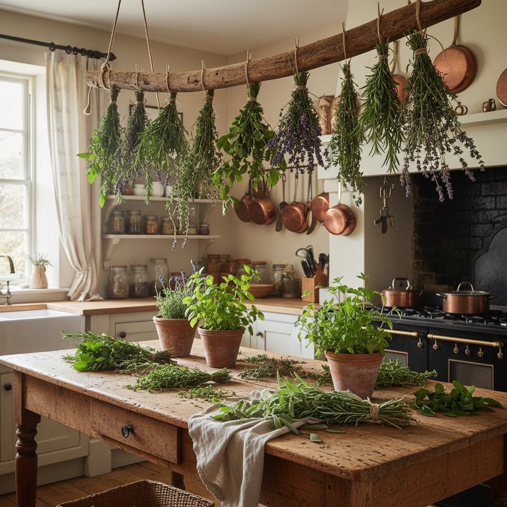 Domowa kuchnia z ziołami przygotowywanymi do suszenia – bukiety wiszące nad stołem