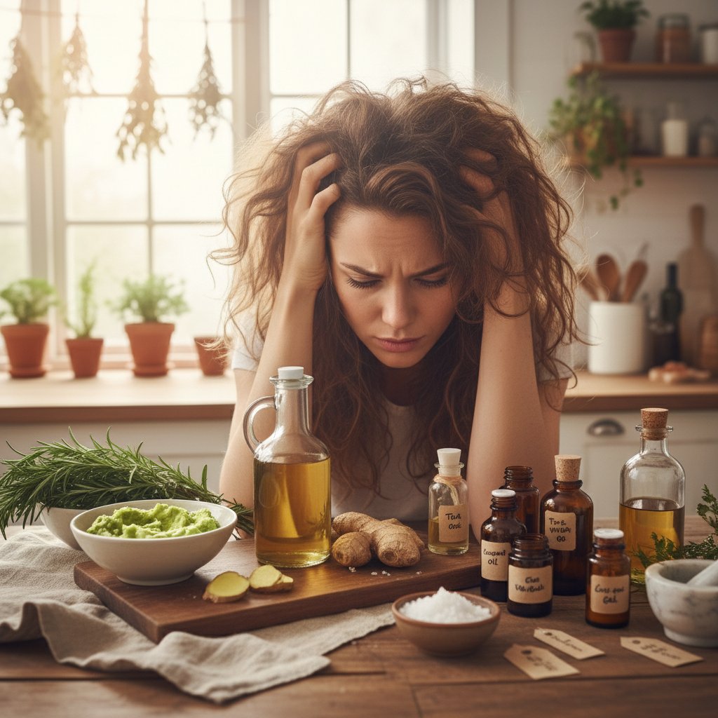 Domowa kuchnia, na blacie naturalne składniki używane do pielęgnacji i osoba z podrażnioną skórą głowy