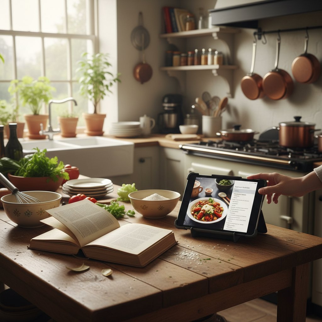 Domowa kuchnia z rozłożoną starą książką kucharską i tabletem z przepisem