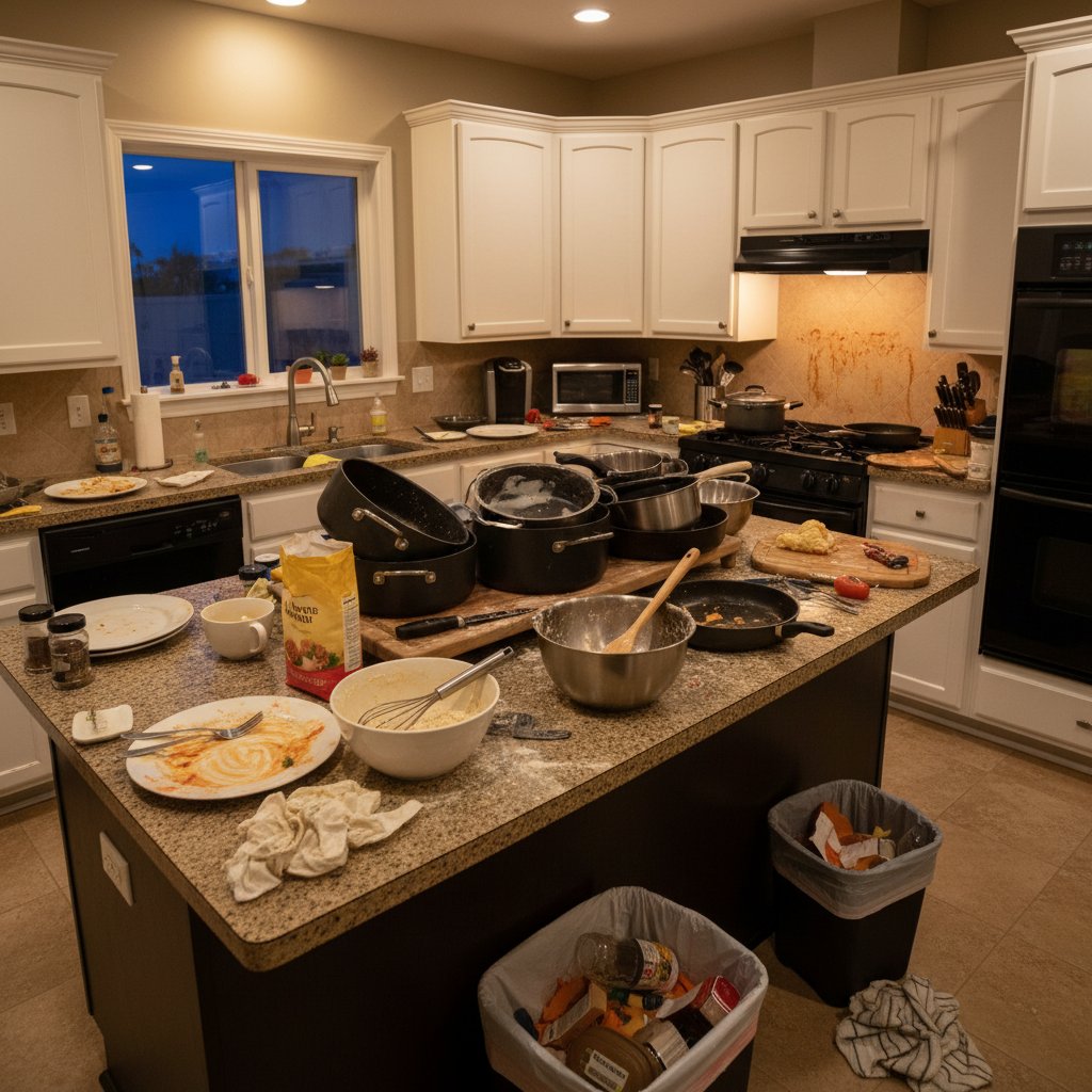 Domowa kuchnia po intensywnym gotowaniu – bałagan, rozlane składniki, ślady pracy