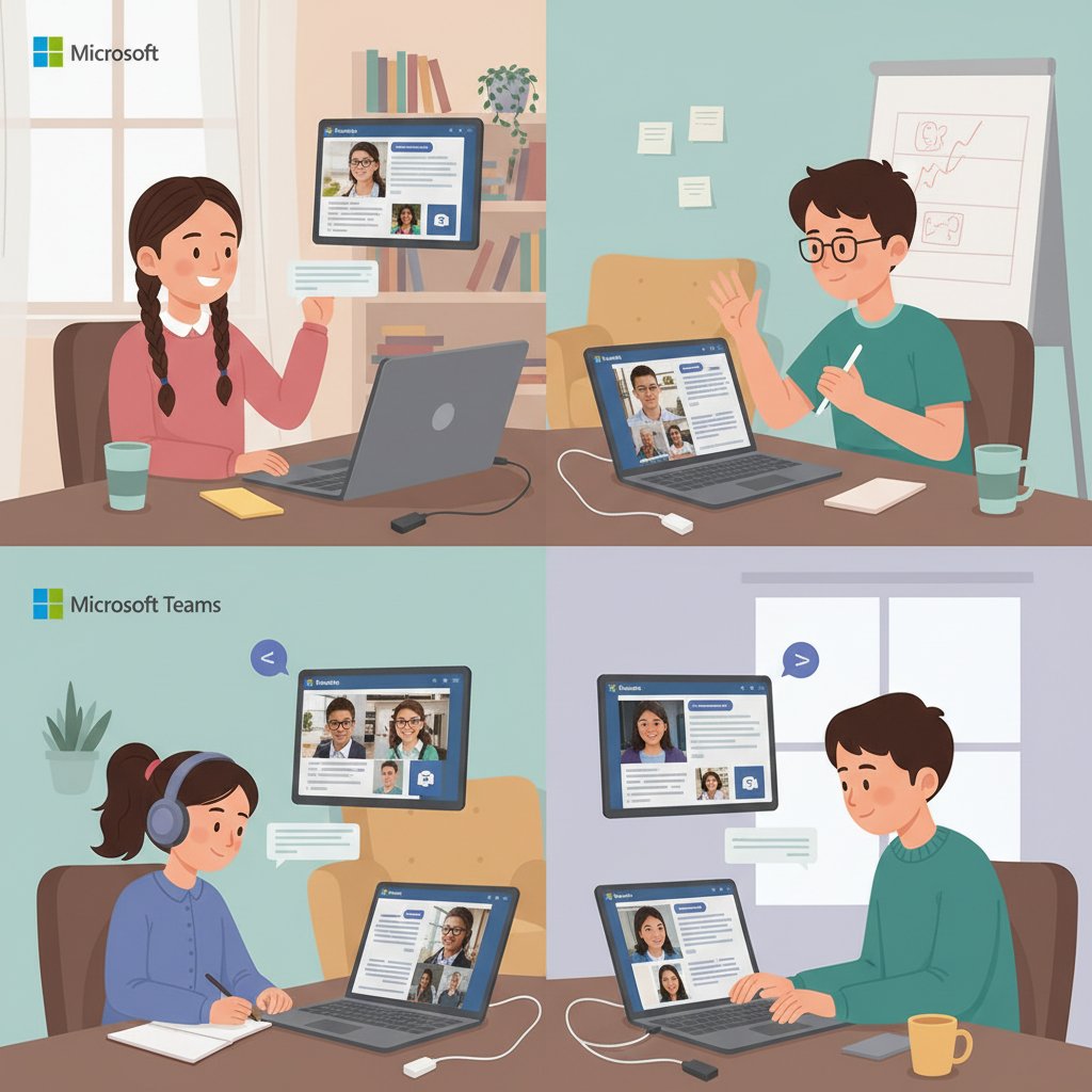 Uczniowie w domowej przestrzeni, pracujący na Teams, z widocznymi komputerami i telefonami