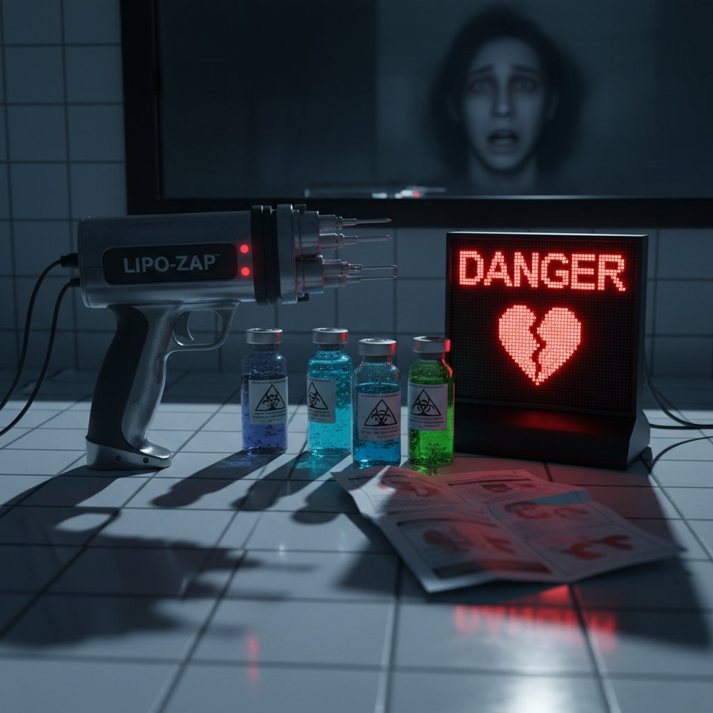 Zestaw do domowej lipolizy, z ciemnym tłem, pokazujący ryzykowne rozwiązania