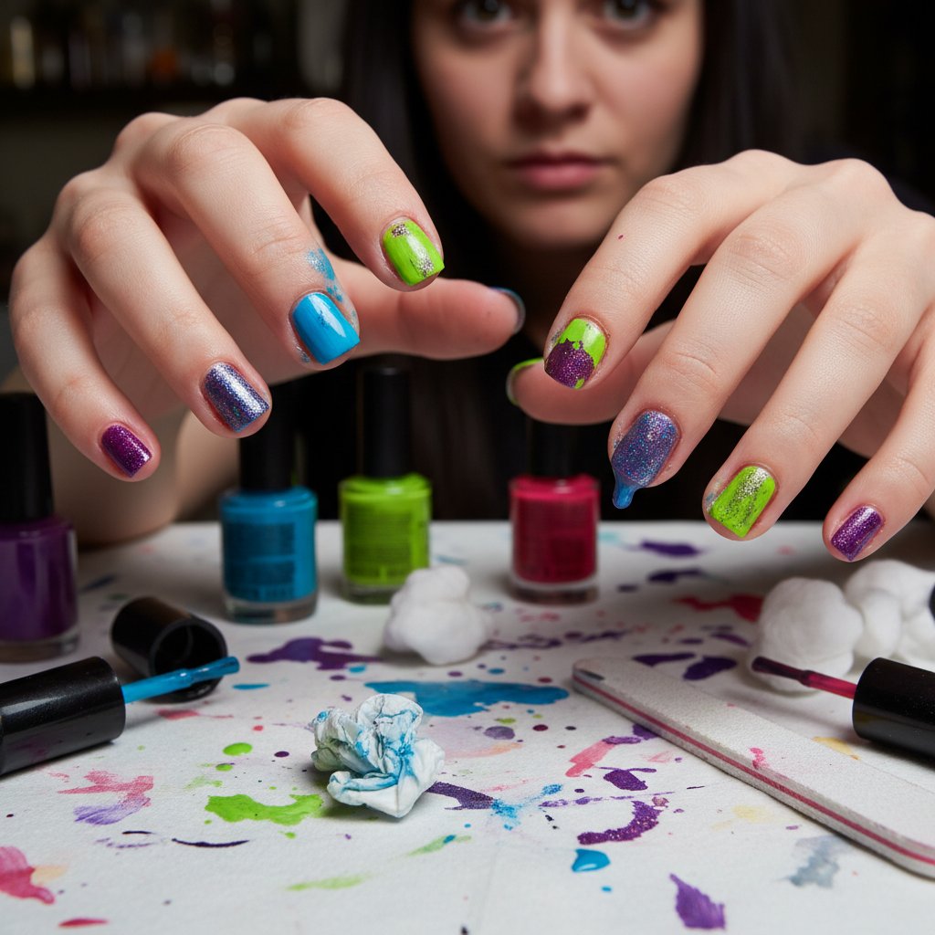 Nieudany domowy manicure, zbliżenie na rozmazany lakier i zniszczone paznokcie