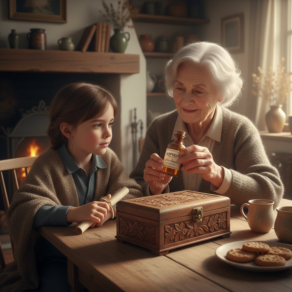 Stara apteczka domowa, babcia podaje wnukowi tabletkę, słowa kluczowe: polska tradycja, domowa apteczka, aspiryna