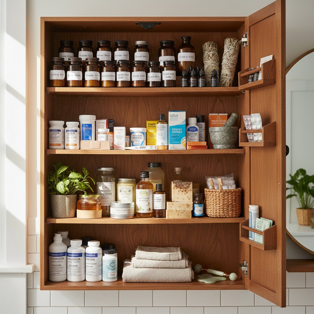 Zbliżenie na apteczkę domową pełną ziół, leków i naturalnych produktów, domowe sposoby na zdrowie