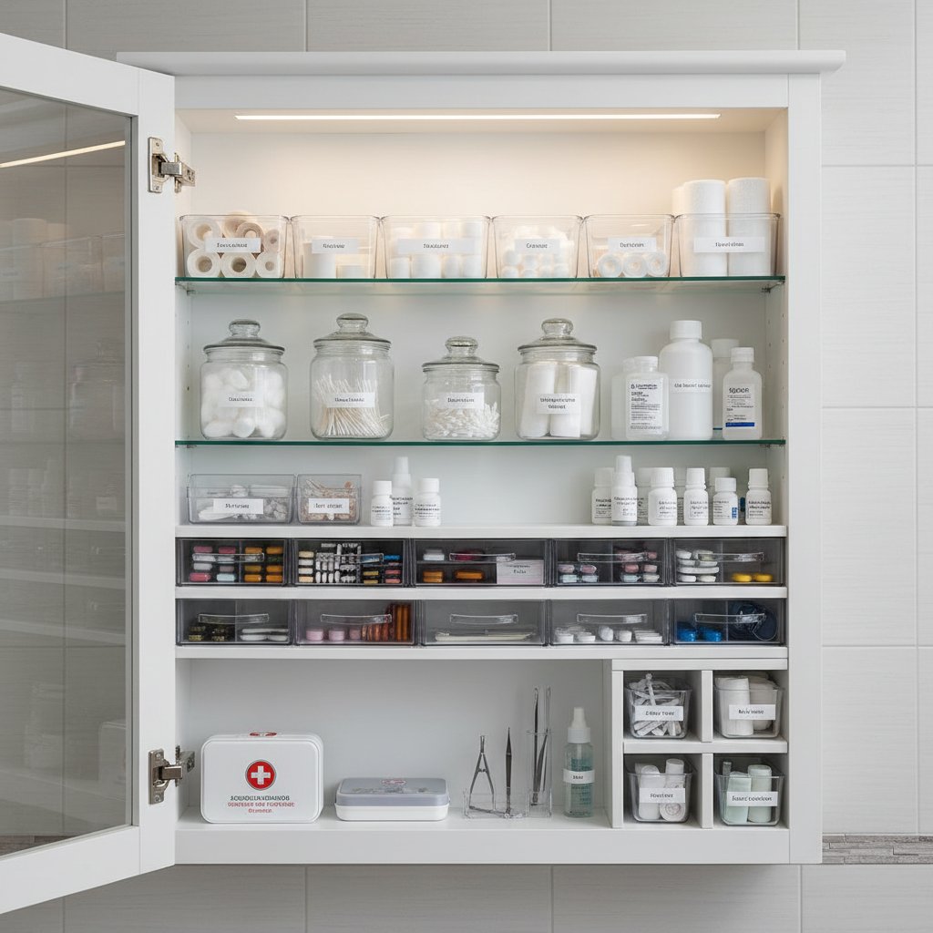 Domowa apteczka z uporządkowanymi opatrunkami, jasne światło, czyste otoczenie