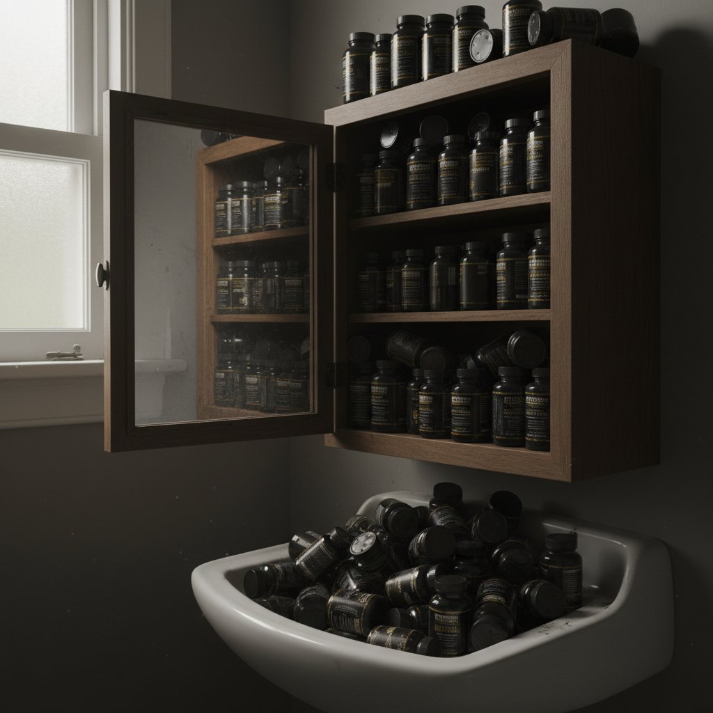 Szafka domowa pełna suplementów w czarnych opakowaniach, przytłaczający widok