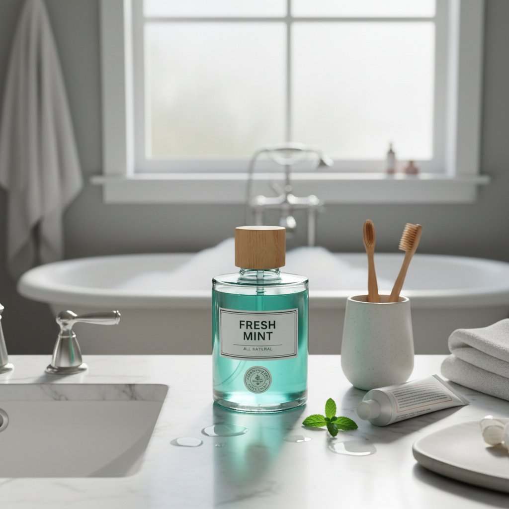 Domowe środki do płukania jamy ustnej stojące na blacie łazienki – obrazek ilustrujący alternatywne metody pielęgnacji dziąseł