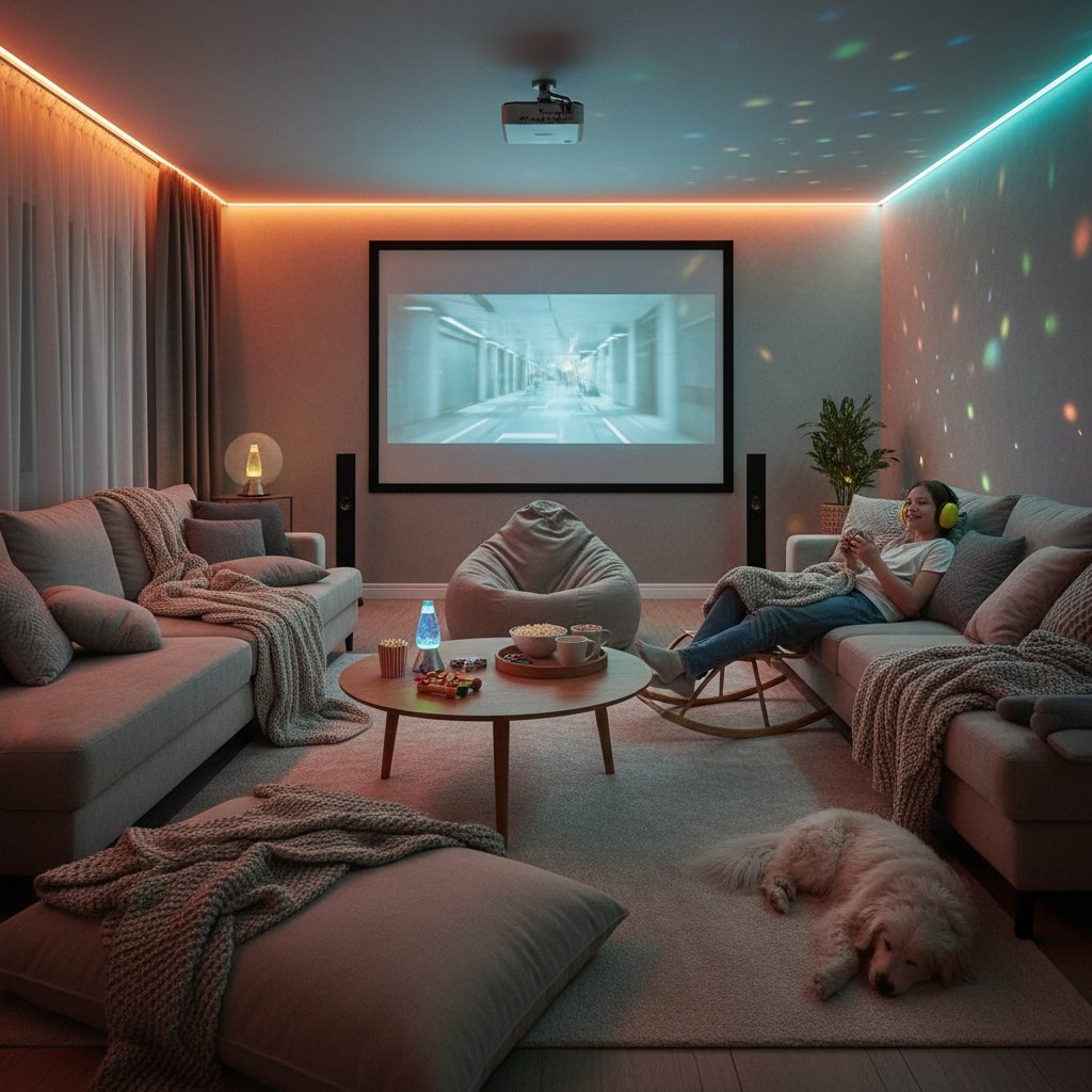 Home movie night setup for sensory friendly viewing, cozy living room with adaptive lighting, sensory tools, and relaxed layout for inclusive comfort