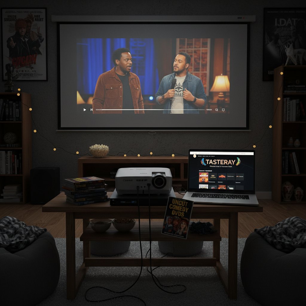 Home setup with a shelf of untrimmed comedy DVDs, a laptop open to tasteray.com, and posters of iconic comedies
