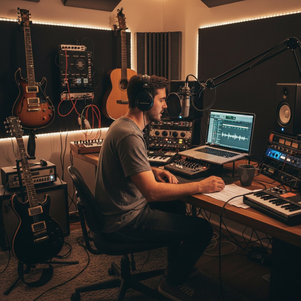 Domowe studio muzyczne – laptop, mikrofon, słuchawki, gitara, młody mężczyzna testuje sprzęt podczas lekcji online