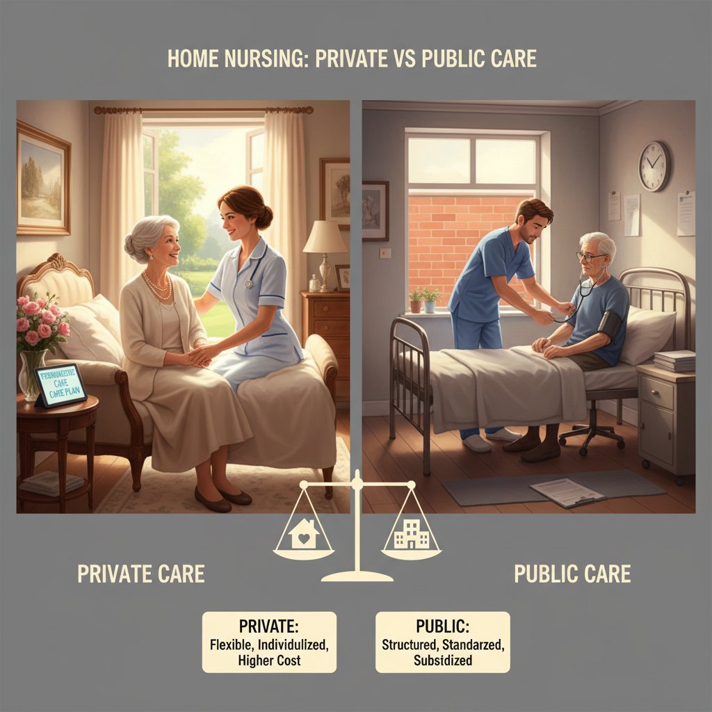 Wnętrze nowoczesnej domowej opieki medycznej, pielęgniarka oraz pacjent, porównanie komfortu