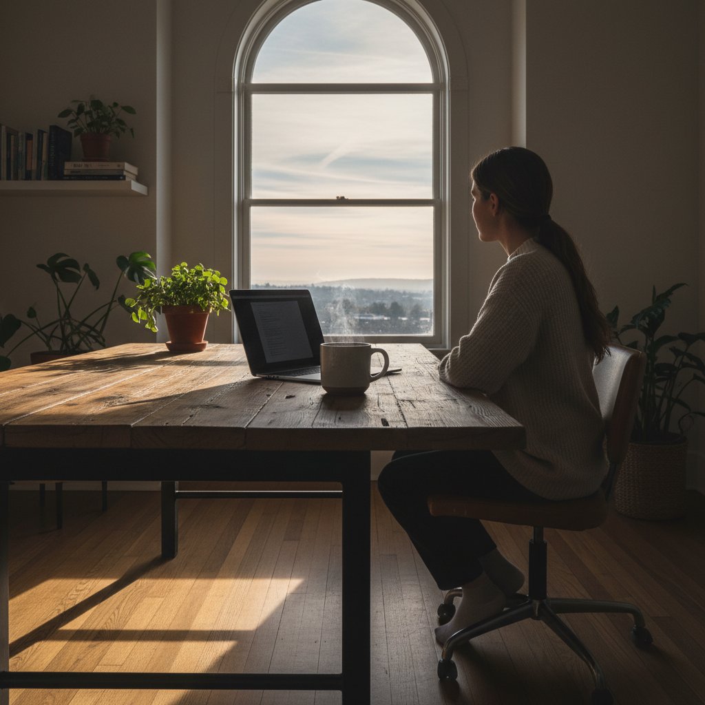 Pracownik zdalny podczas przerwy w domowym biurze – kawa, laptop i zamyślony wzrok w okno, wczesny poranek