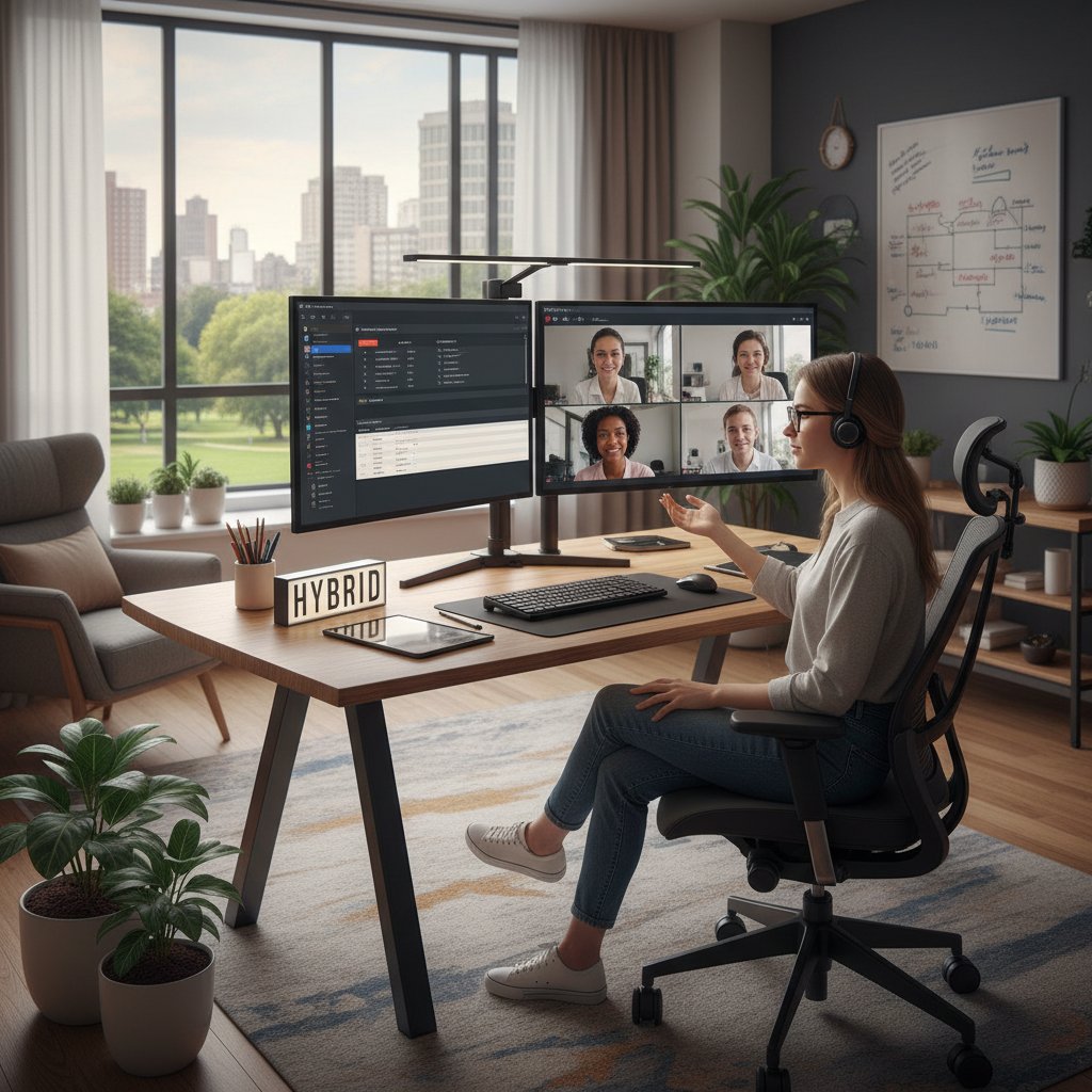 Home office with dual screens, video call in progress, representing remote project management setup and hybrid project handling
