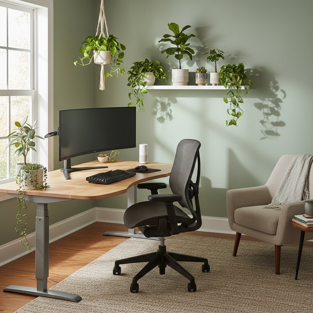 Domowe biuro z widocznym ergonomicznym stanowiskiem, naturalnym światłem i roślinami