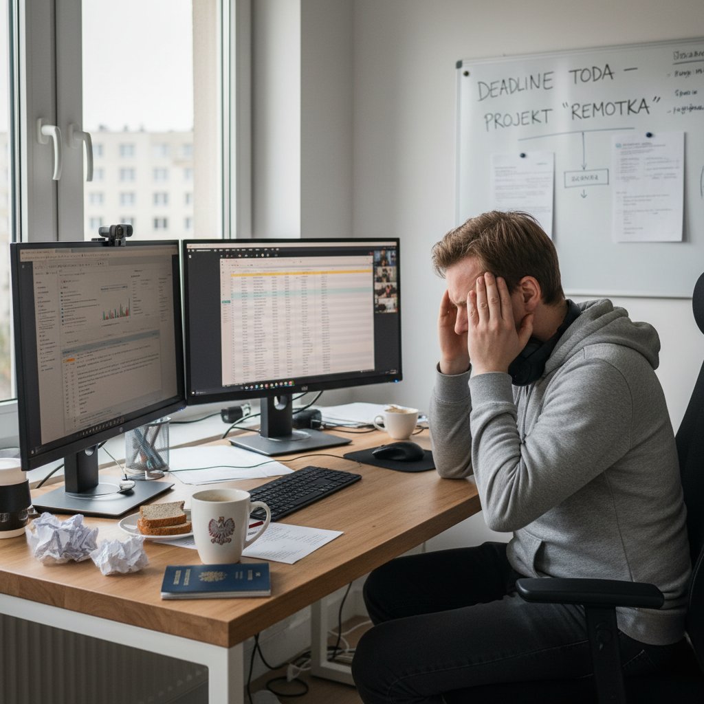 Zdjęcie osoby z laptopem, siedzącej w domowym biurze, z wyraźnym zmęczeniem i bólem głowy