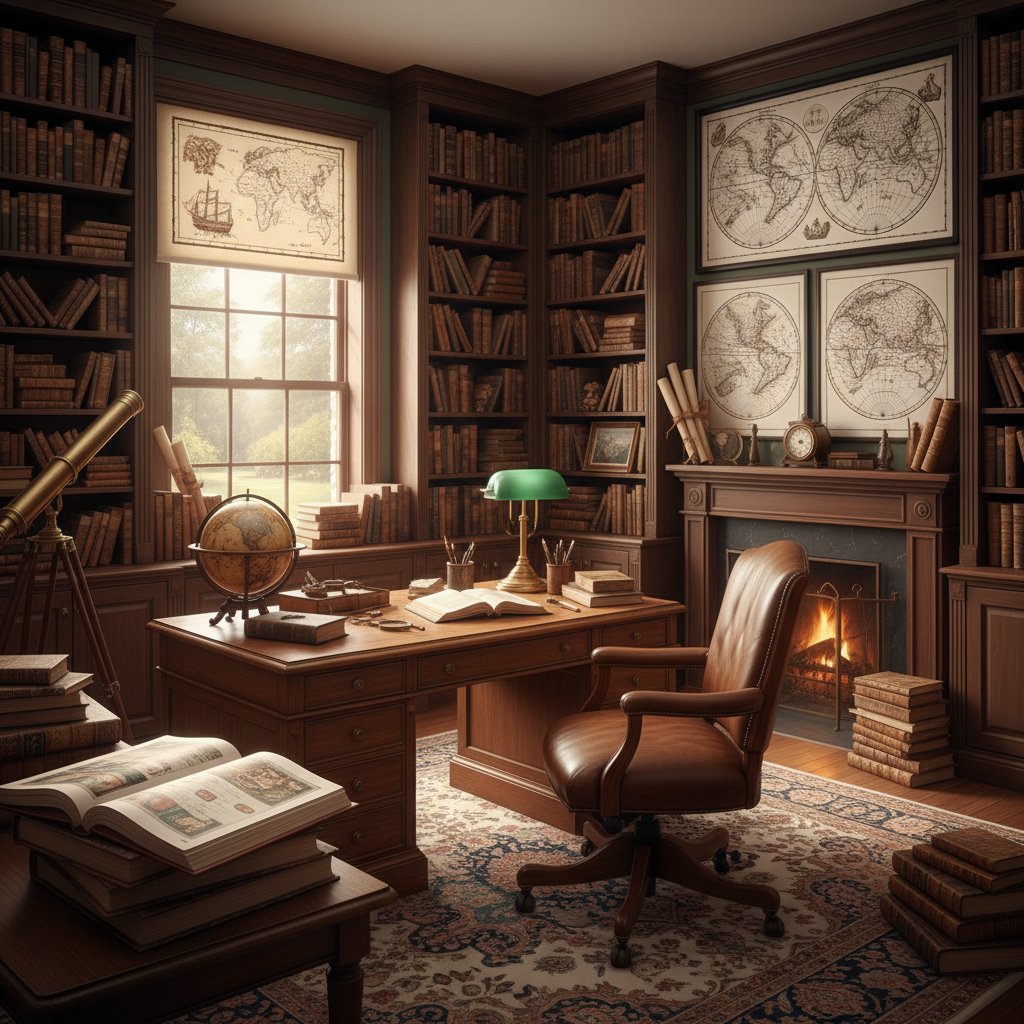 Biuro domowe pasjonata historii z mapami i książkami