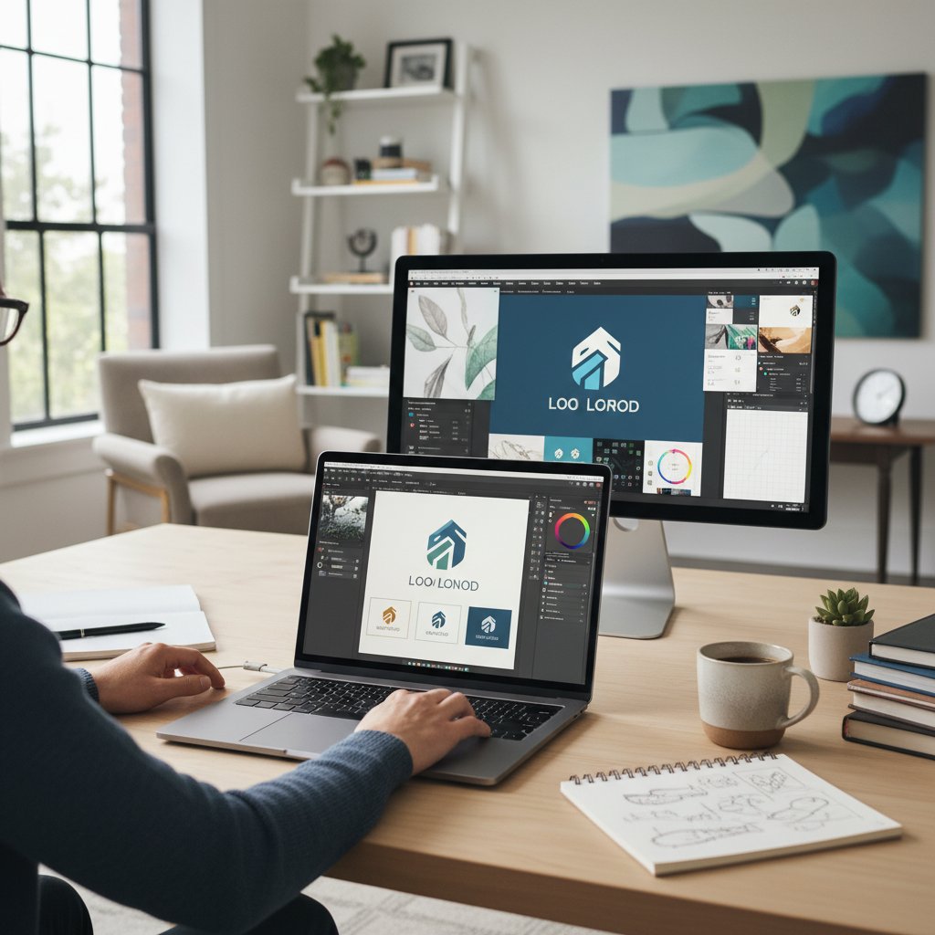Kreatywny proces projektowania logo w domowym biurze, laptop i notatki z inspiracjami