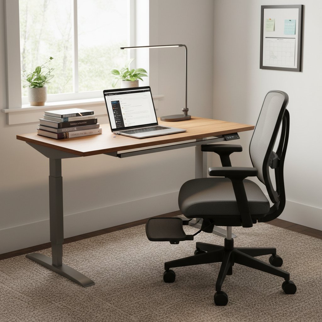 Domowe biuro z laptopem na stosie książek, lampka z boku i domowe akcesoria ergonomiczne