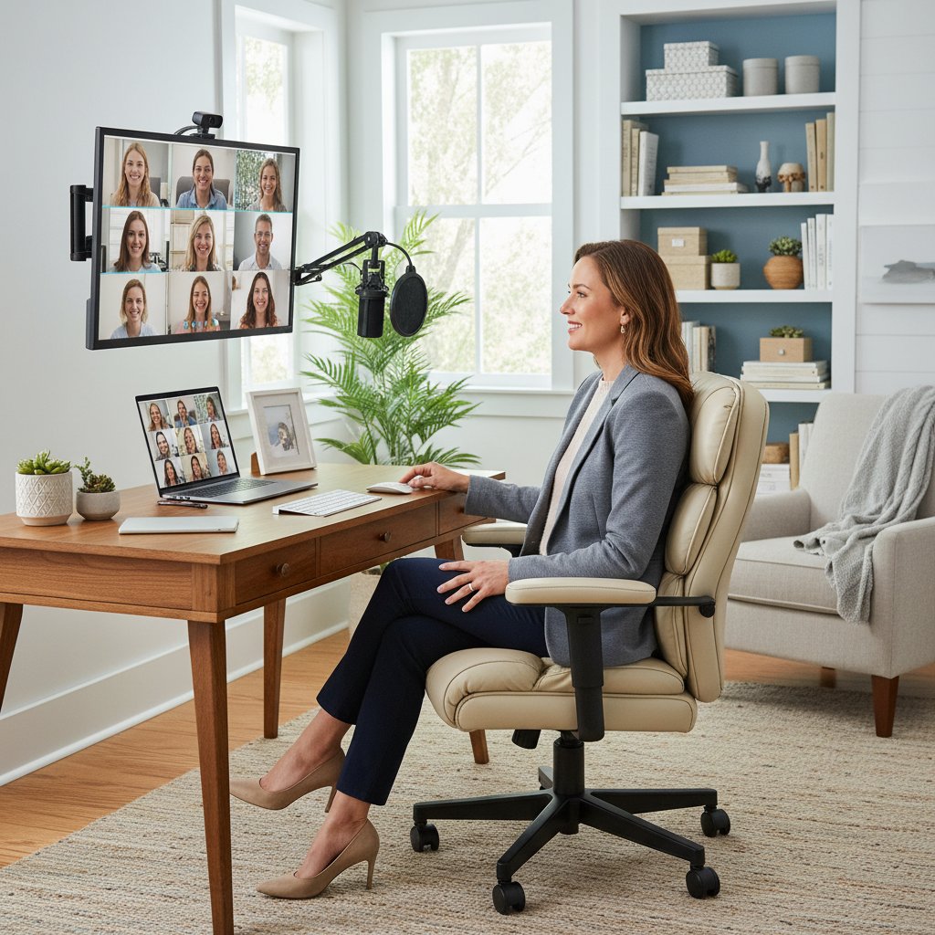 Remote worker balancing comfort and professionalism in a modern home office, wearing blazer and pajama bottoms on a video call