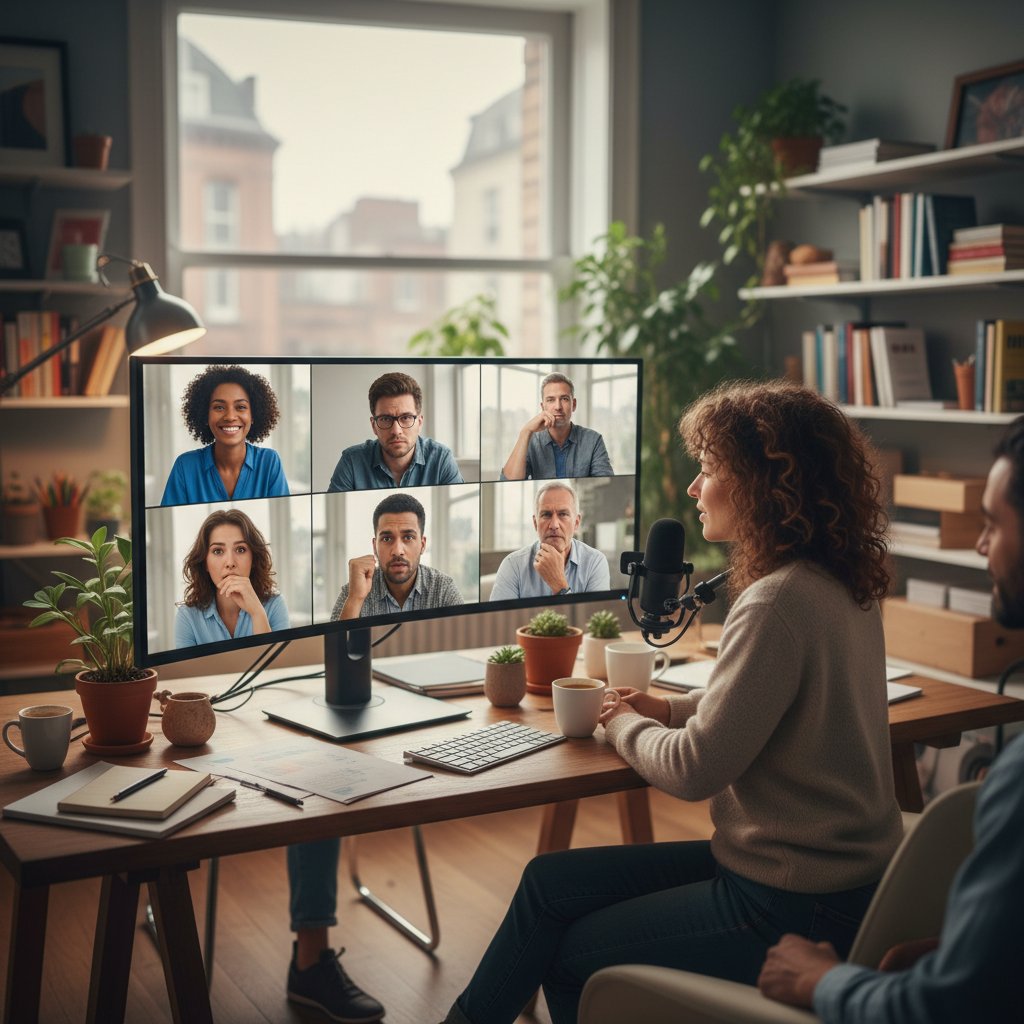 Home office – wideokonferencja z kilkoma osobami, mieszane emocje, domowe biuro