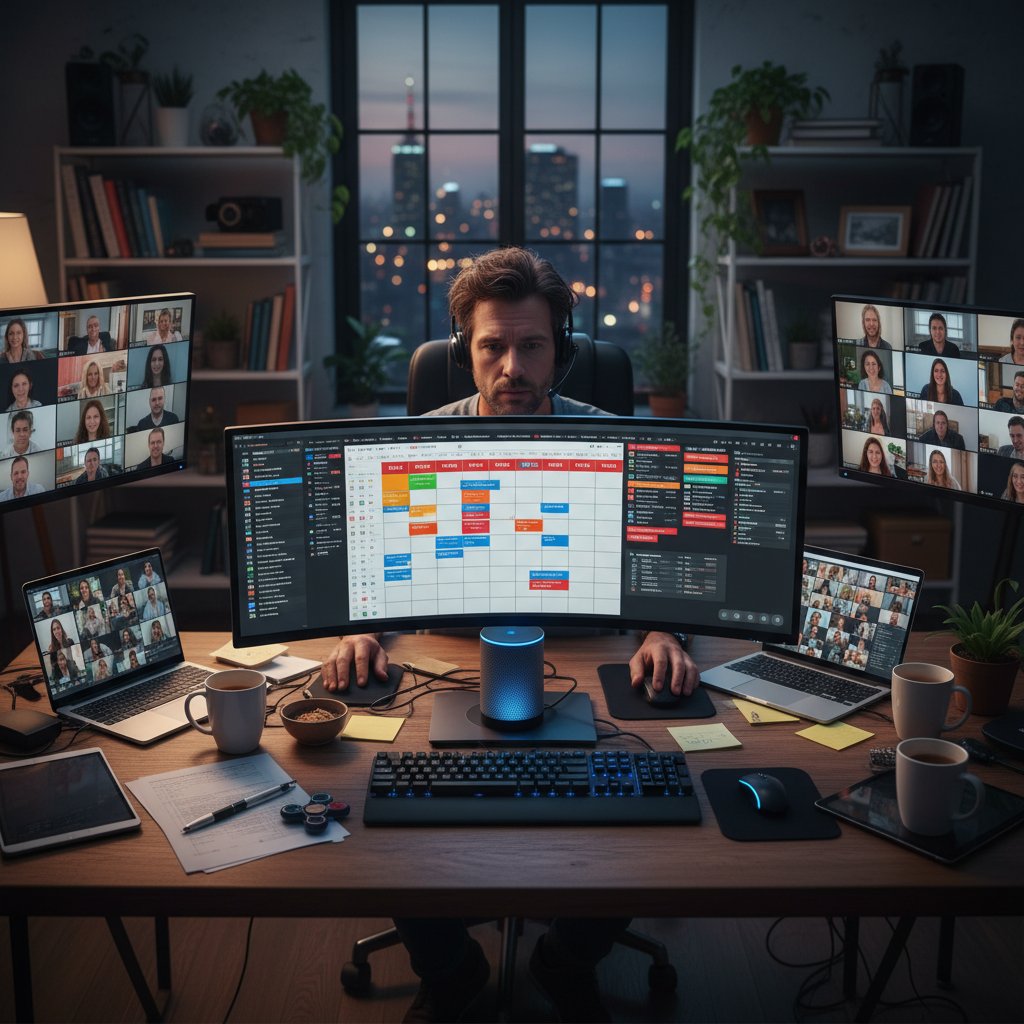 A home office setup with multiple screens displaying video meetings and digital calendars, illustrating remote work and hybrid scheduling challenges