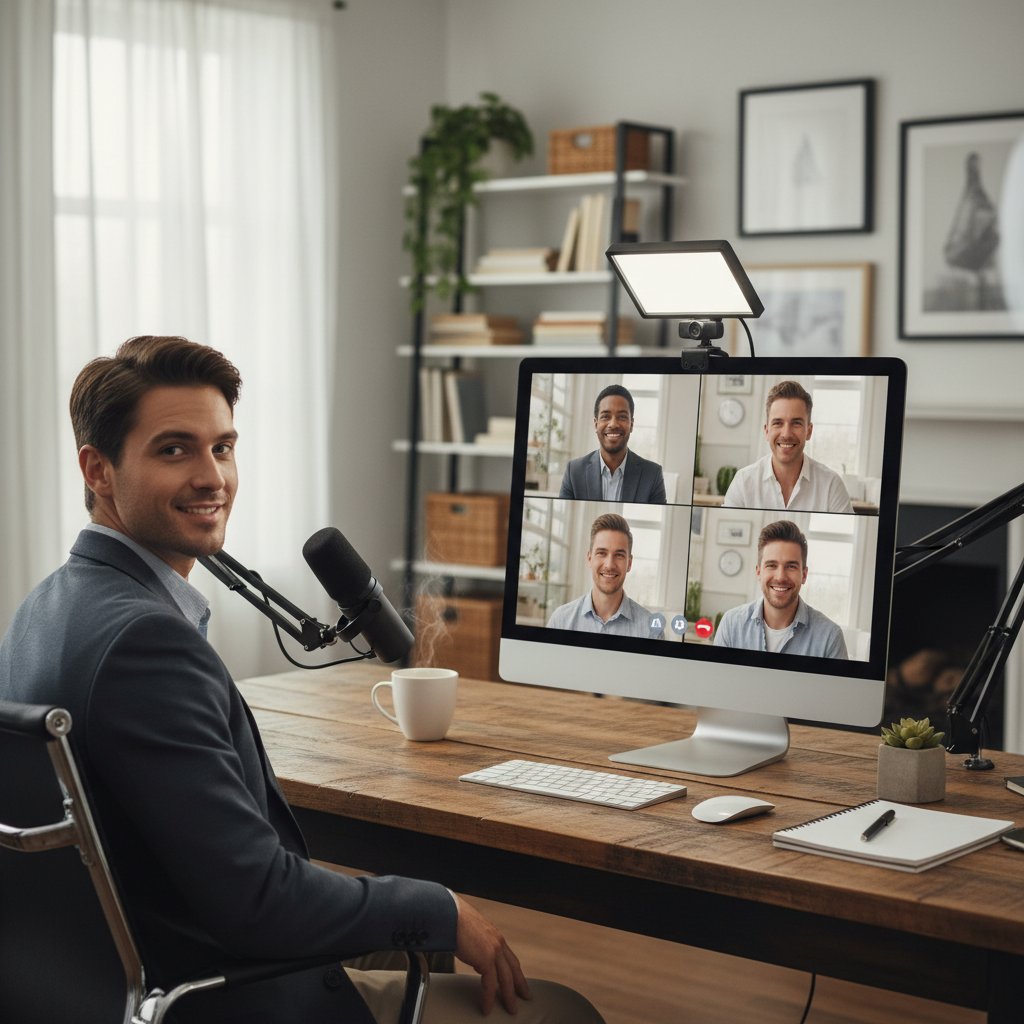 Domowe biuro, kandydat podczas rozmowy kwalifikacyjnej online, rekrutacja zdalna