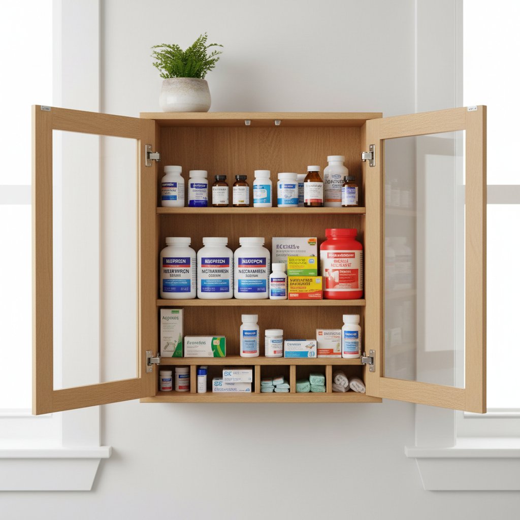 Apteka domowa z opakowaniami leków przeciwbólowych, w tym z metamizolem