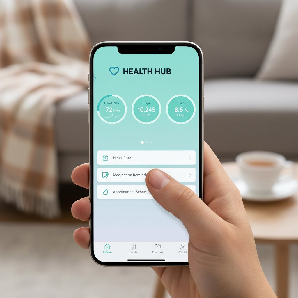 Pacjent korzystający z domowego testu POCT połączonego z aplikacją zdrowotną