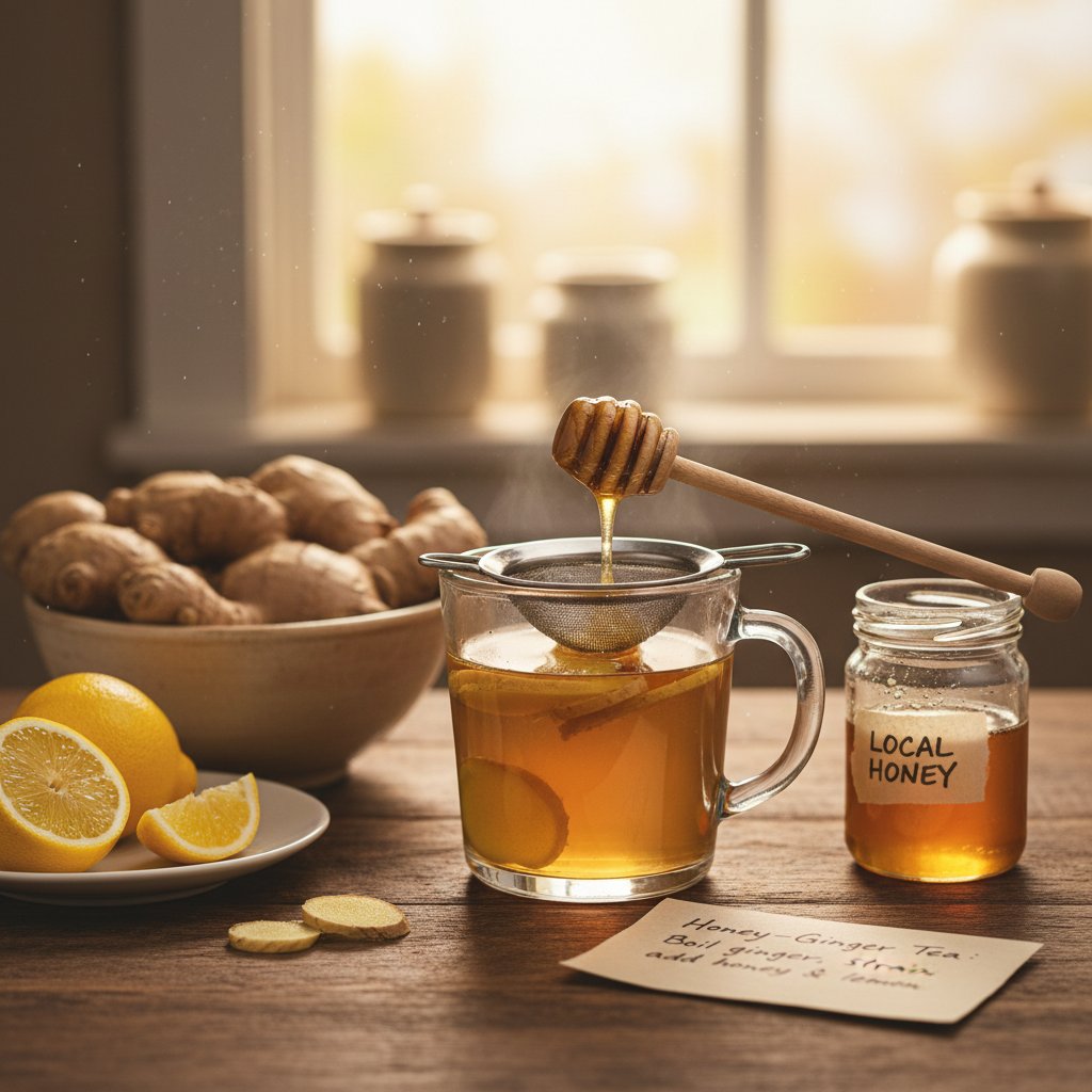 Zbliżenie na domowe środki: miód, imbir, bańki i leki na stole