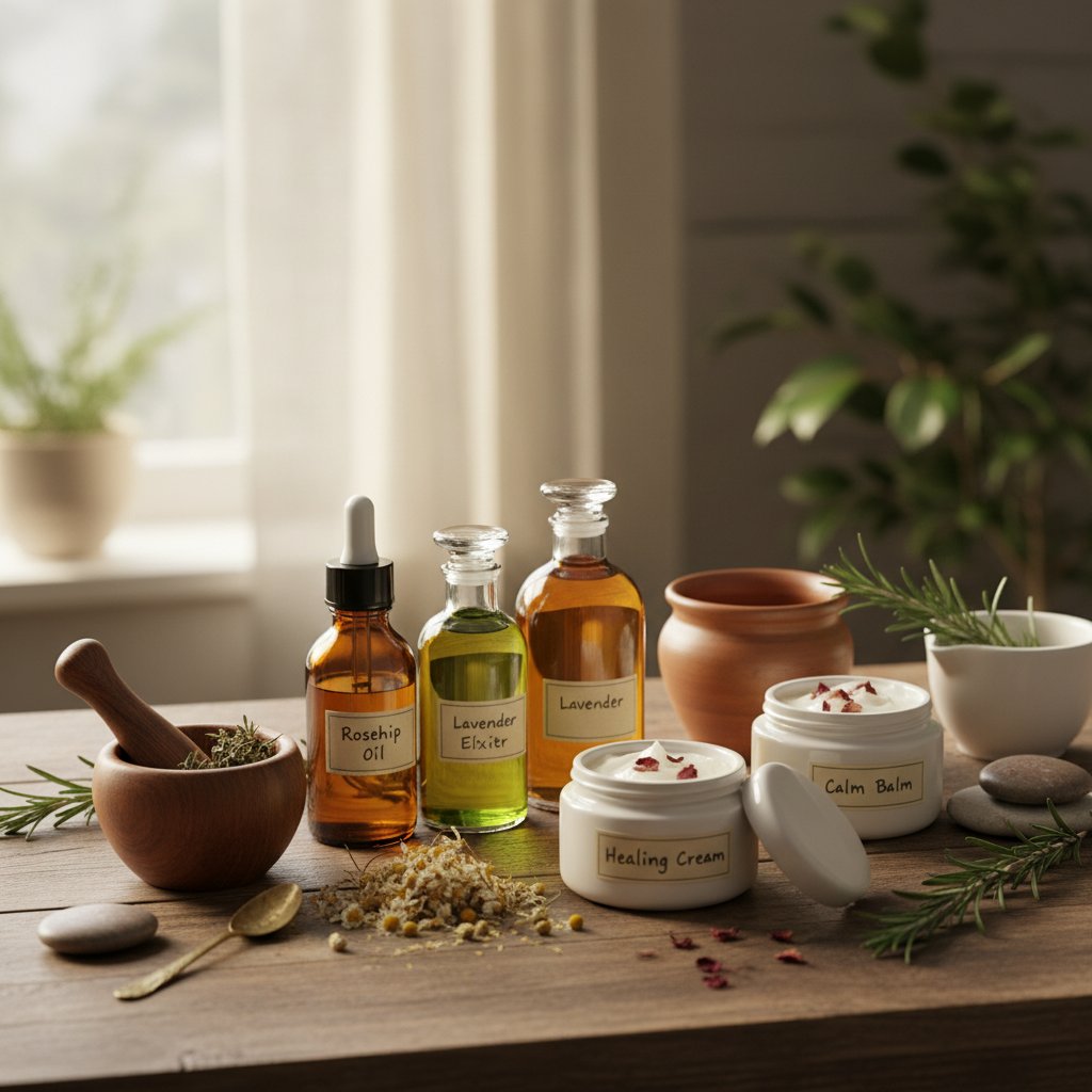 Domowe środki na blizny: oleje i kremy ułożone na stole