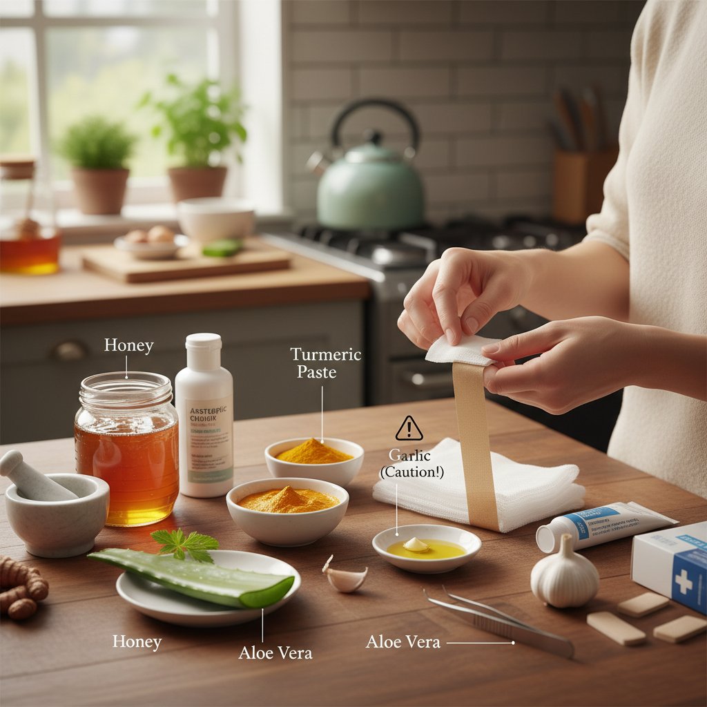 Domowe sposoby leczenia ran – ręce z opatrunkiem, produkty kuchenne, stół w kuchni